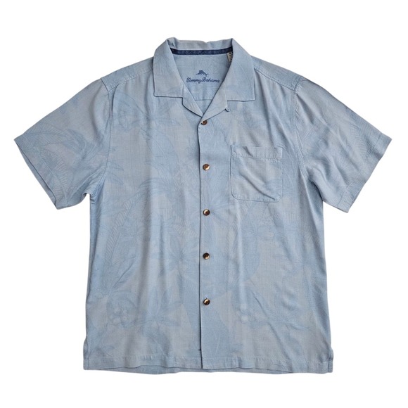 Tommy Bahama (Mens Medium) Hawaiian Silk Shirt Blue Floral Short Sleeve Tropical - Picture 1 of 6